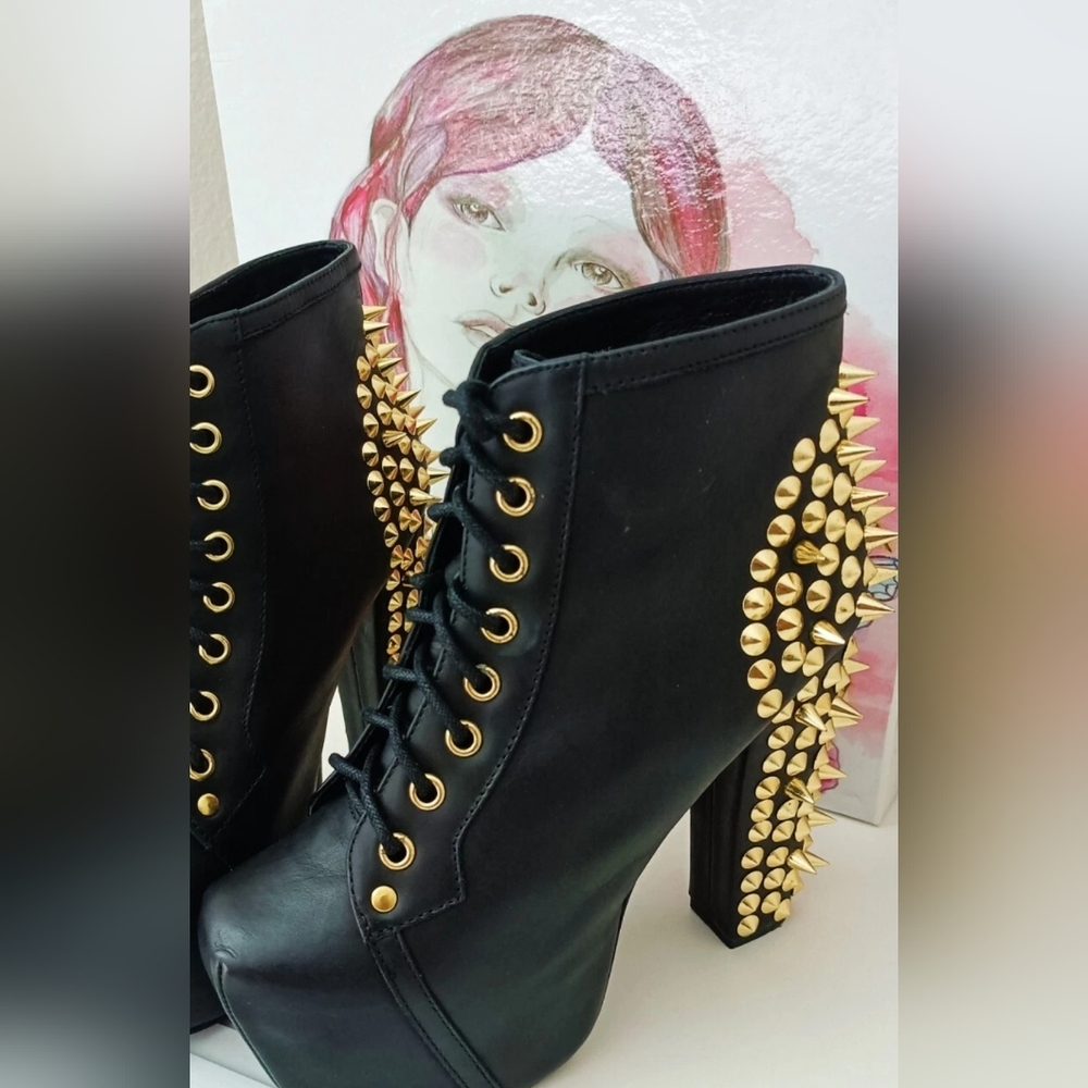Jeffrey Campbell Spike LITA Black Leather With Gold Spikes Size 6